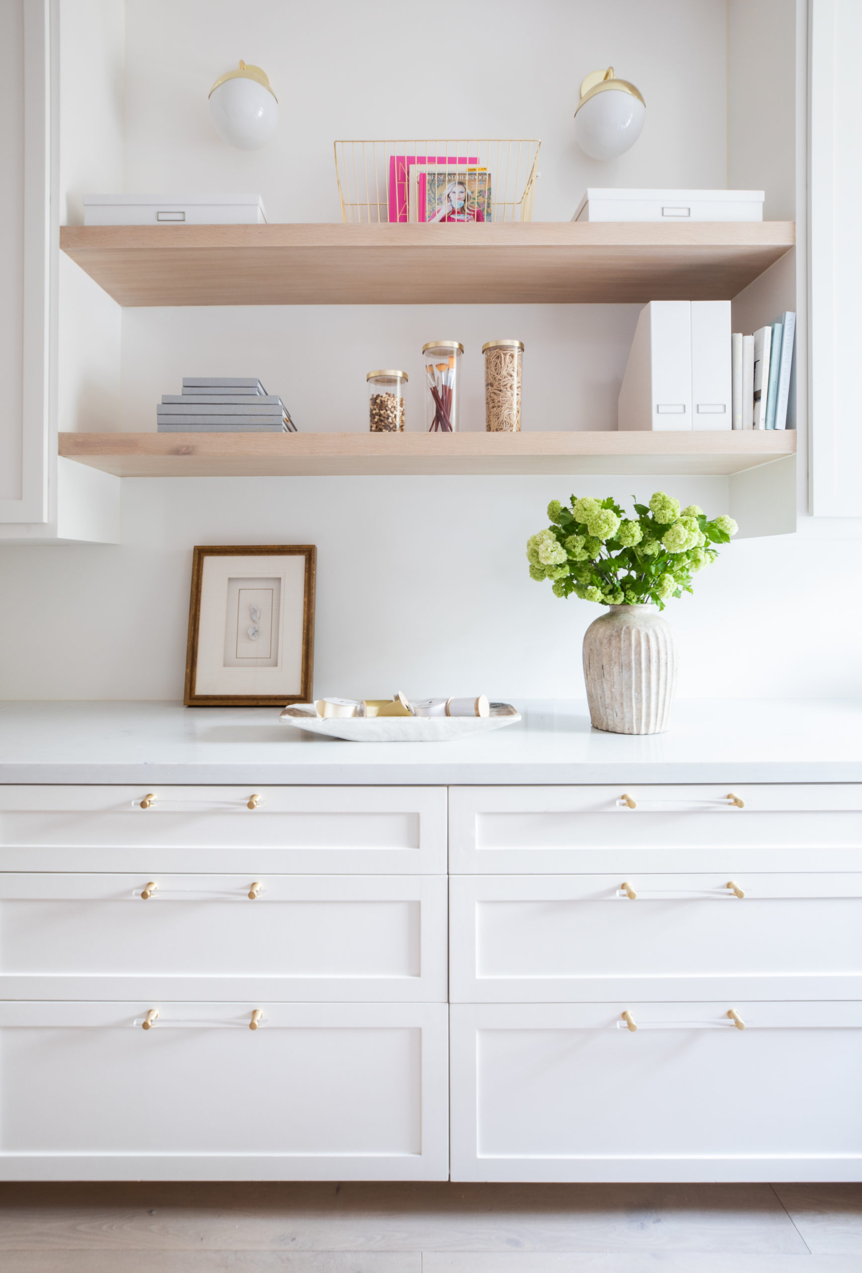 upper open shelving and lower drawers organization tips